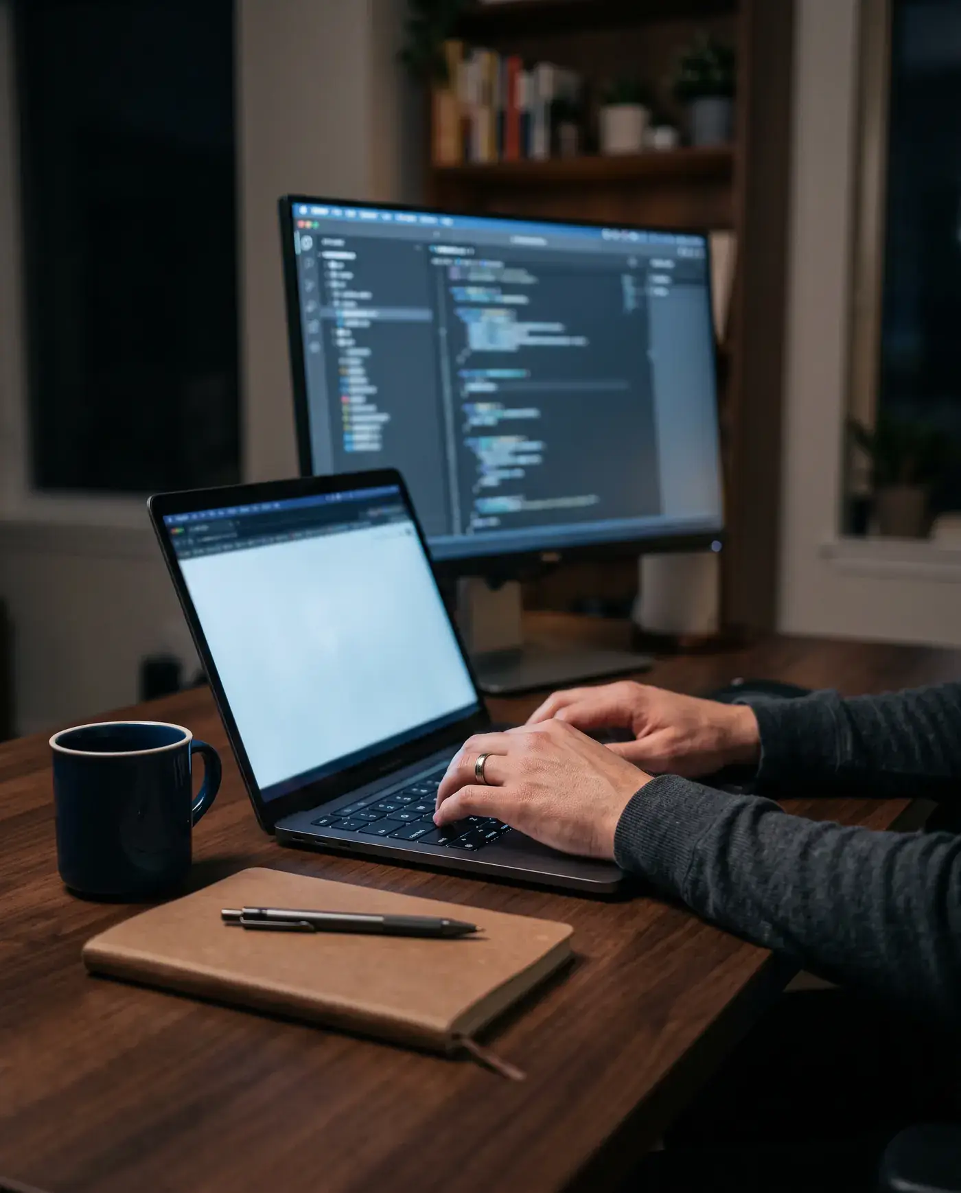A desk with a laptop and monitor, hands resting on the keyboard.