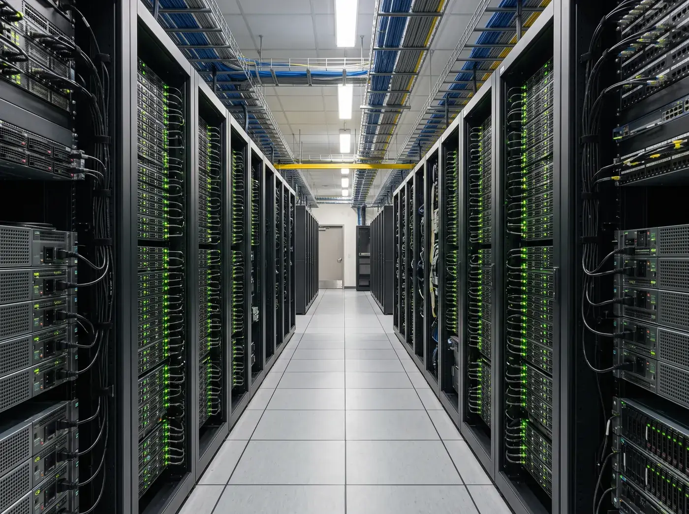 A server room aisle, racks of equipment on both sides under even lighting.