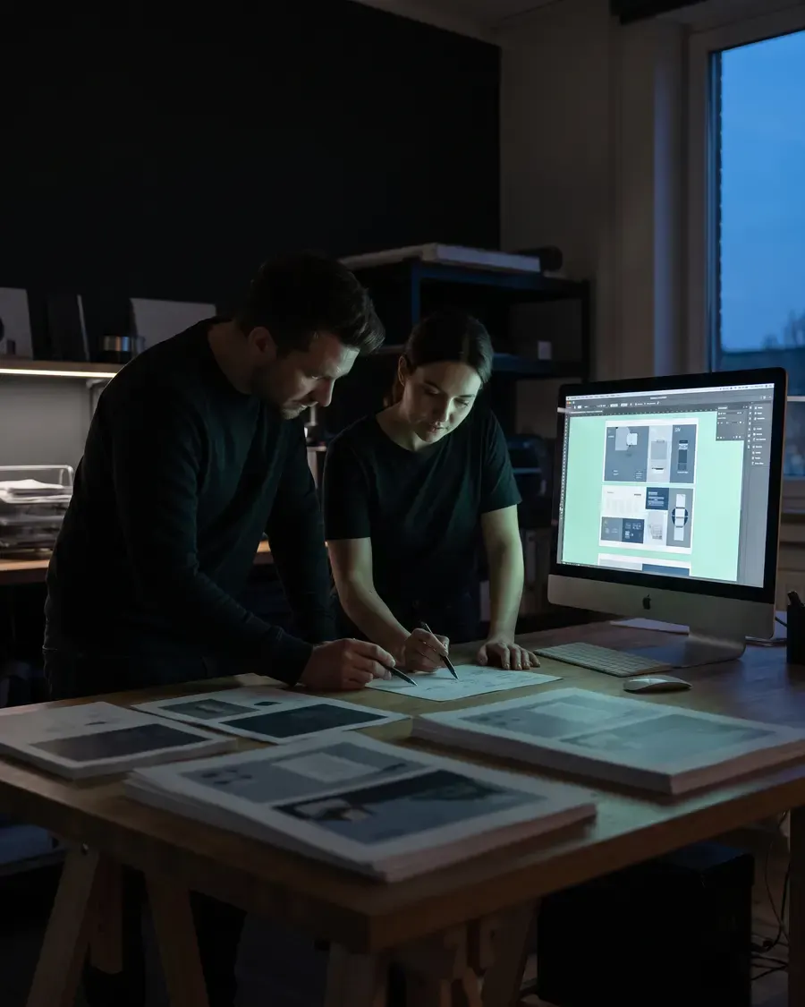Two designers reviewing printed proofs beside a monitor in a dark studio.