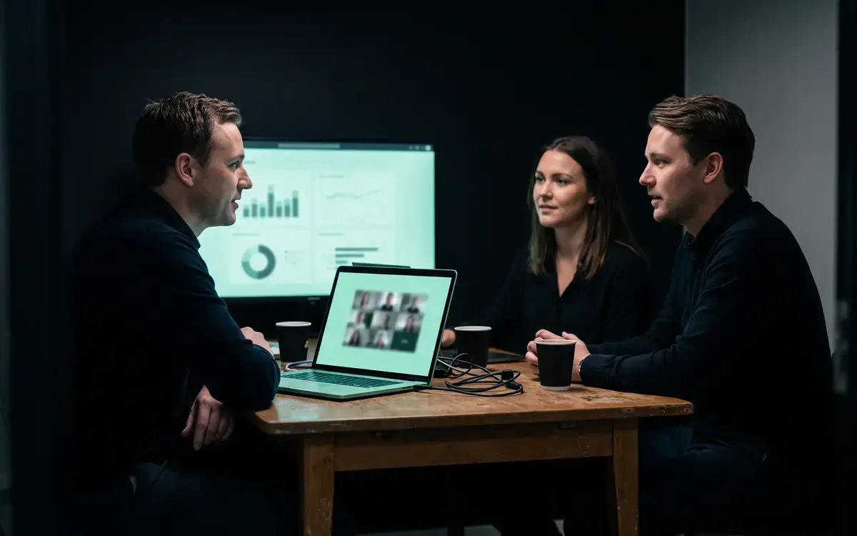 Three colleagues around a laptop on a video call in a dark meeting room.