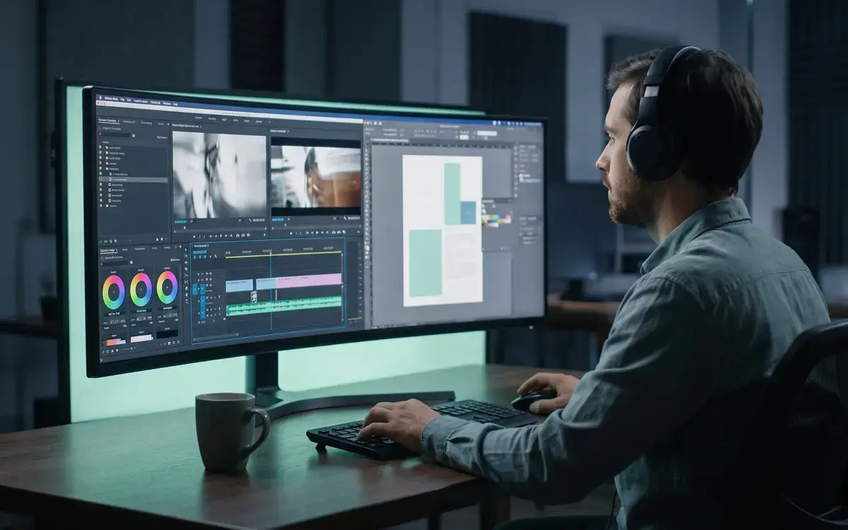 A designer colour-grading video beside a page layout on a wide monitor.