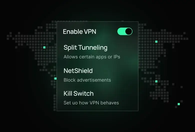 A VPN settings panel over a world map of data centre locations.