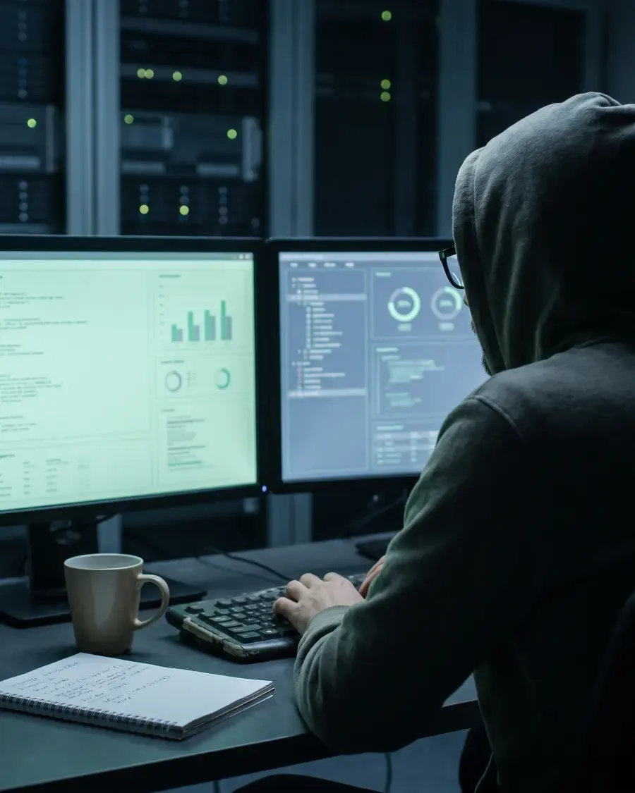 An analyst watching endpoint status across a fleet of machines on two dark monitors.