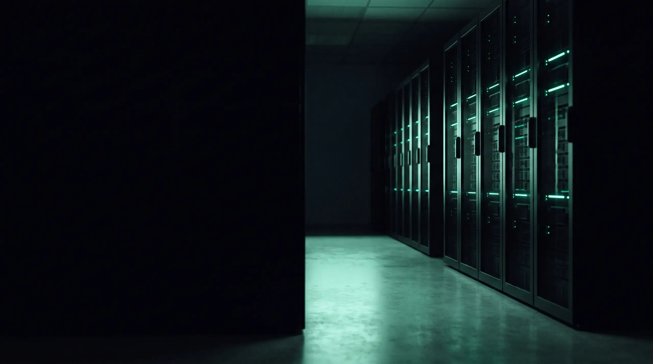 A dark data centre aisle, server racks lit by rows of green indicator lights.