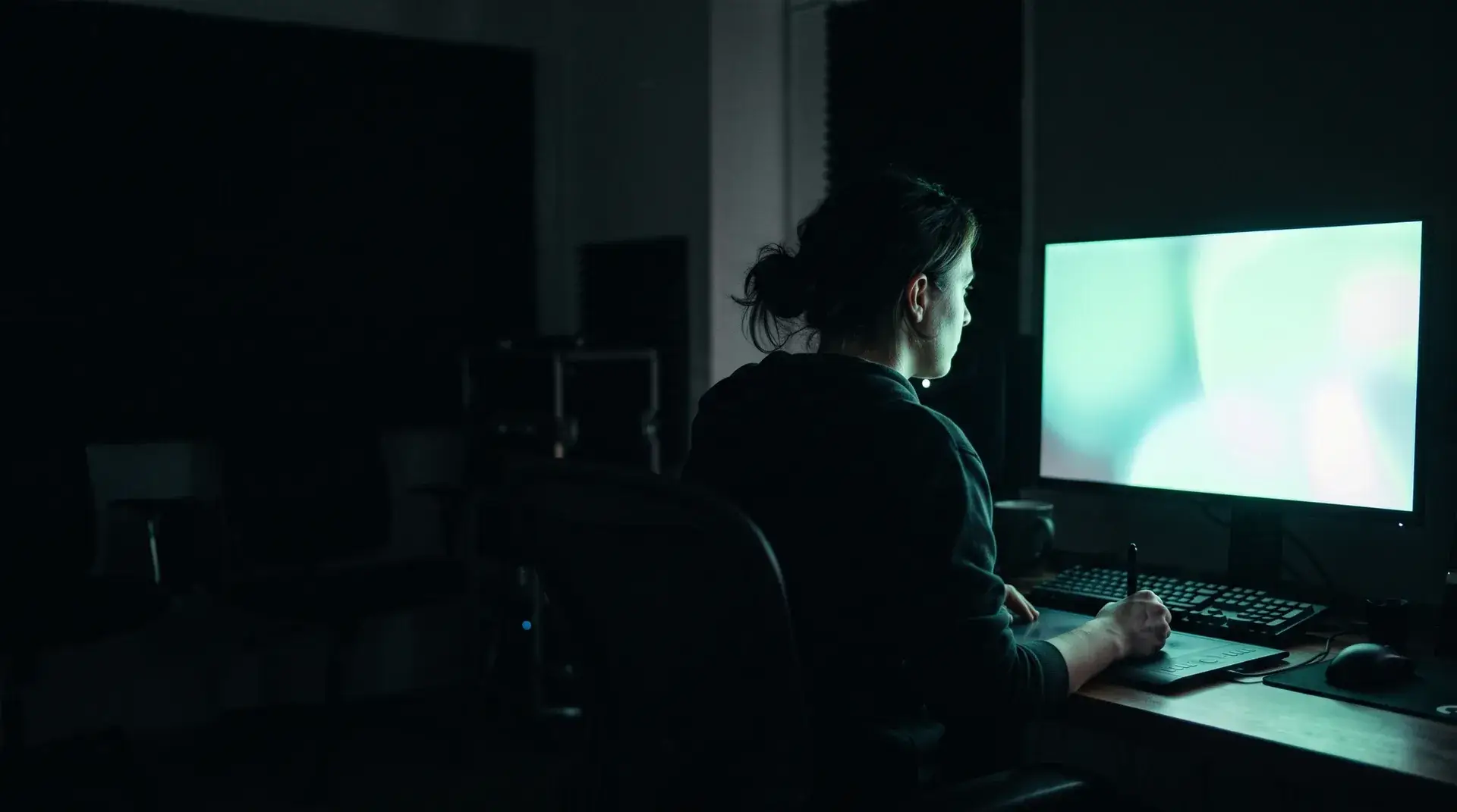 A designer working at a wide monitor in a darkened studio.