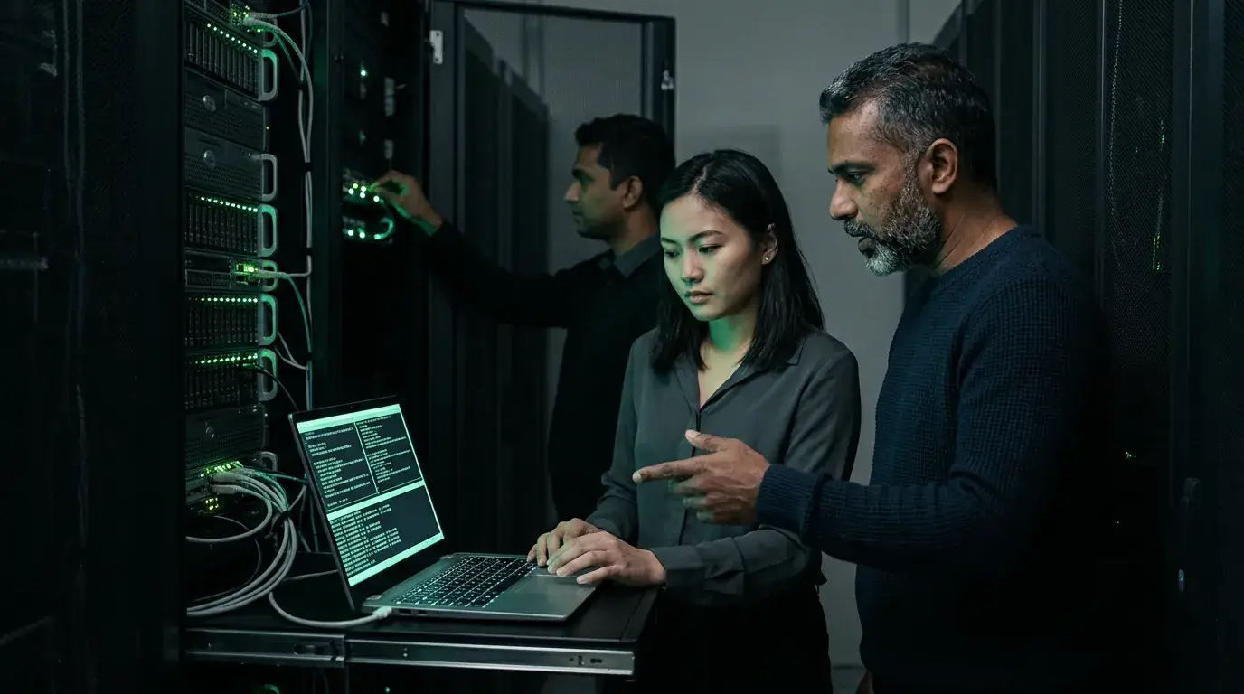 Three engineers working at a rack of servers, one typing on a laptop.