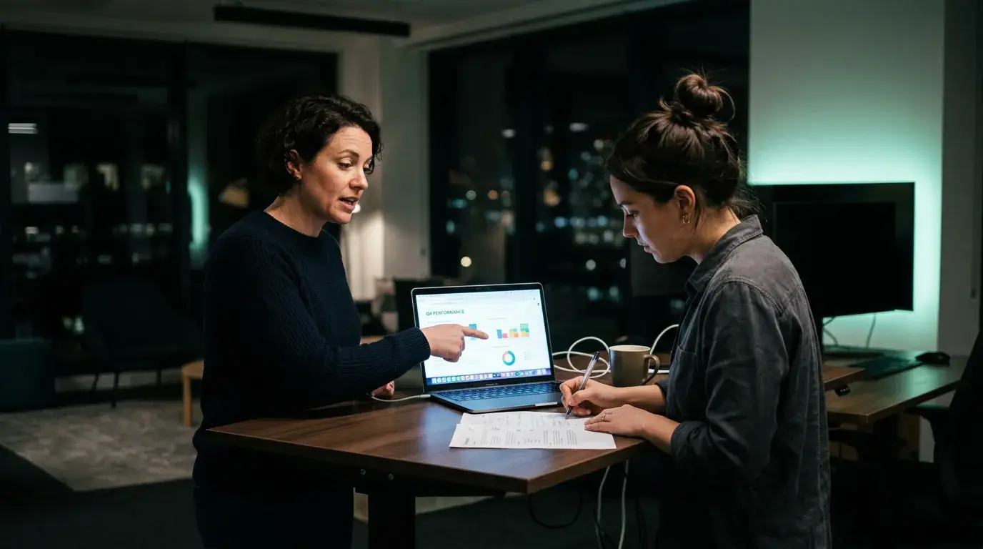 Two colleagues reviewing performance figures on a laptop at a standing desk.